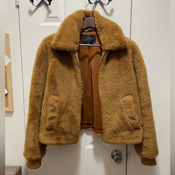 J Crew Teddy Bomber Jacket Coat Cognac L Large - Picture 2 of 5